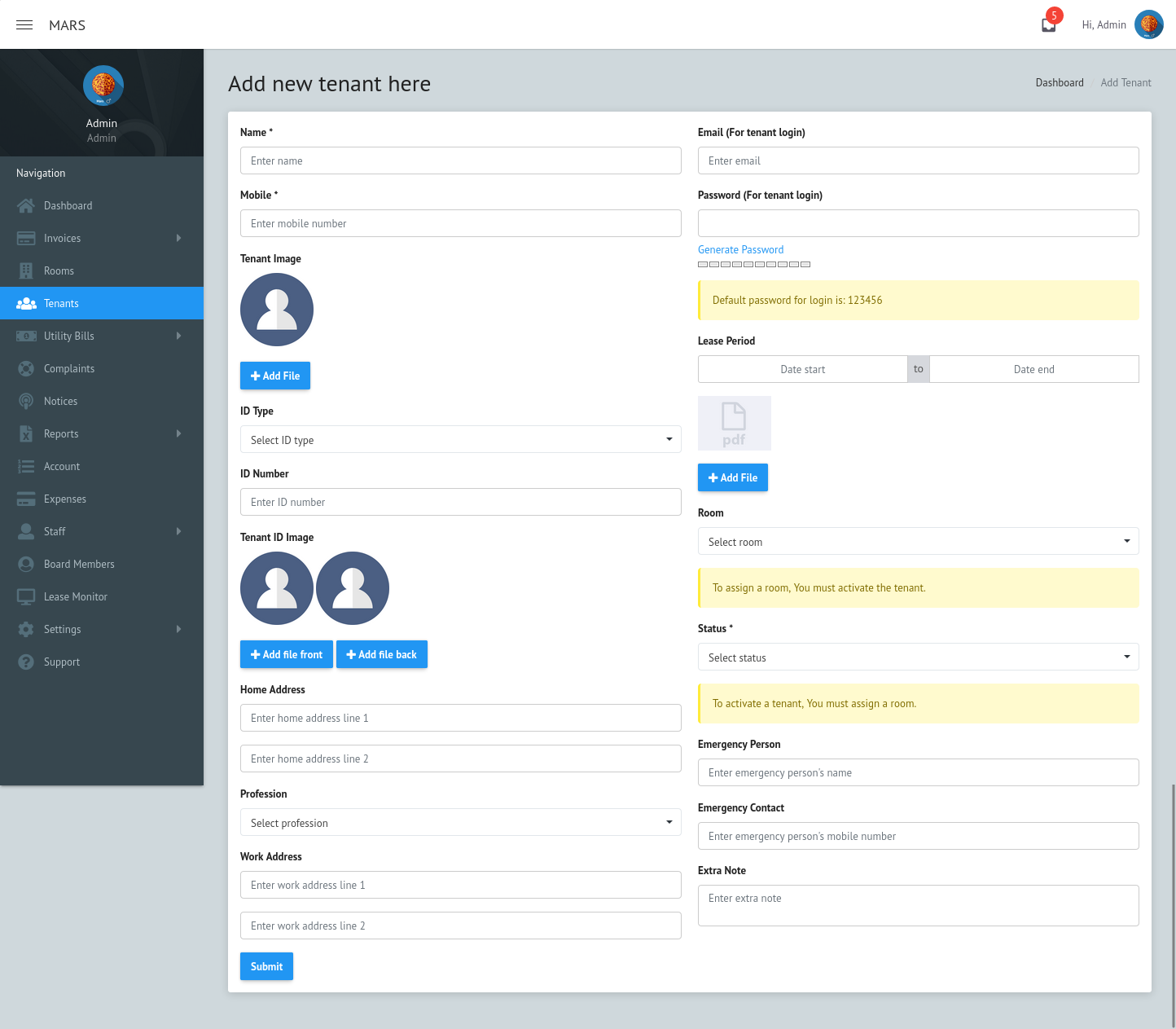 Mars Room Management System Tenant